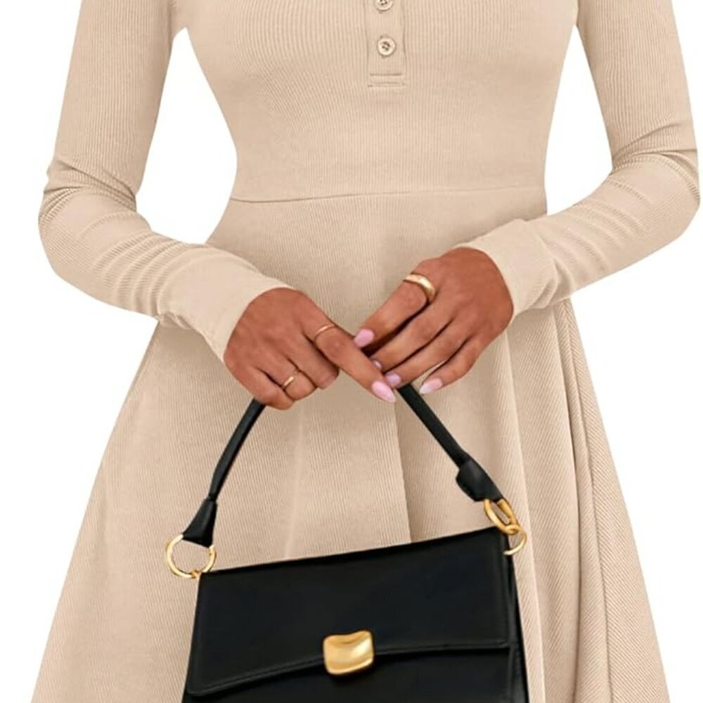 Casual Ribbed Long Sleeve Dress Women Fall Winter Empire Waist A Line